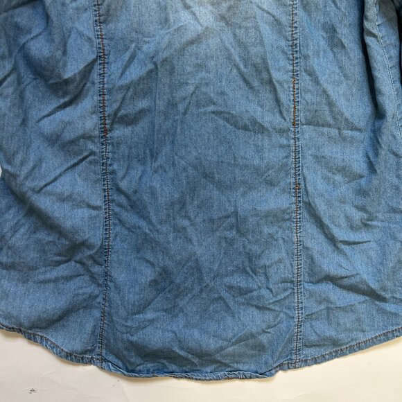 Ci Sono Western Pearl Snap Denim Shirt Womens M Faded Elbow Patch Boho Roll Tab - Picture 15 of 16